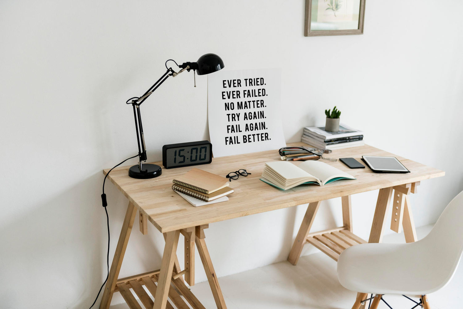Wooden desk clutter-free. Study desk.