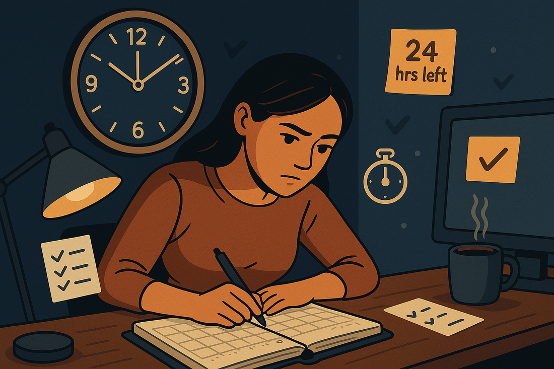 Focused woman studying late at her desk with a clock, checklists, sticky notes, and a warm desk lamp, capturing the urgency of meeting a deadline.