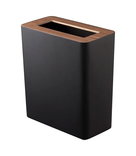 Rin  Slim Rectangular Trash Can for Kitchen Bathroom Bedroom, Steel + Wood, 2.5 Gallons