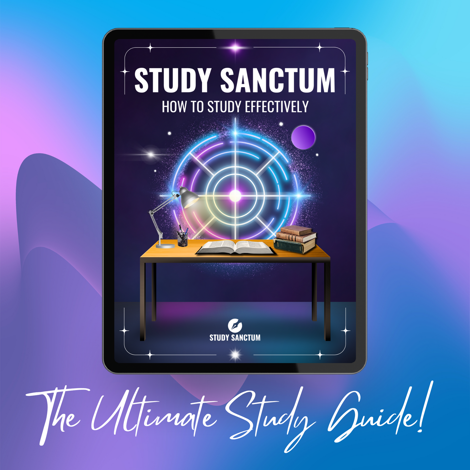 Mock up of study guide. How to study easily. Purple and blue gradient background.