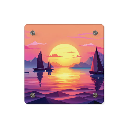 " As the Sun Sets in Low Poly " Abstract Acrylic Wall Art Panel, Ocean Bay