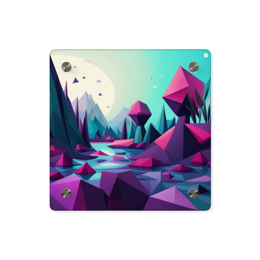 " The Outdoors in Low Poly " Acrylic Wall Art Panel, Purple and Aqua Abstract