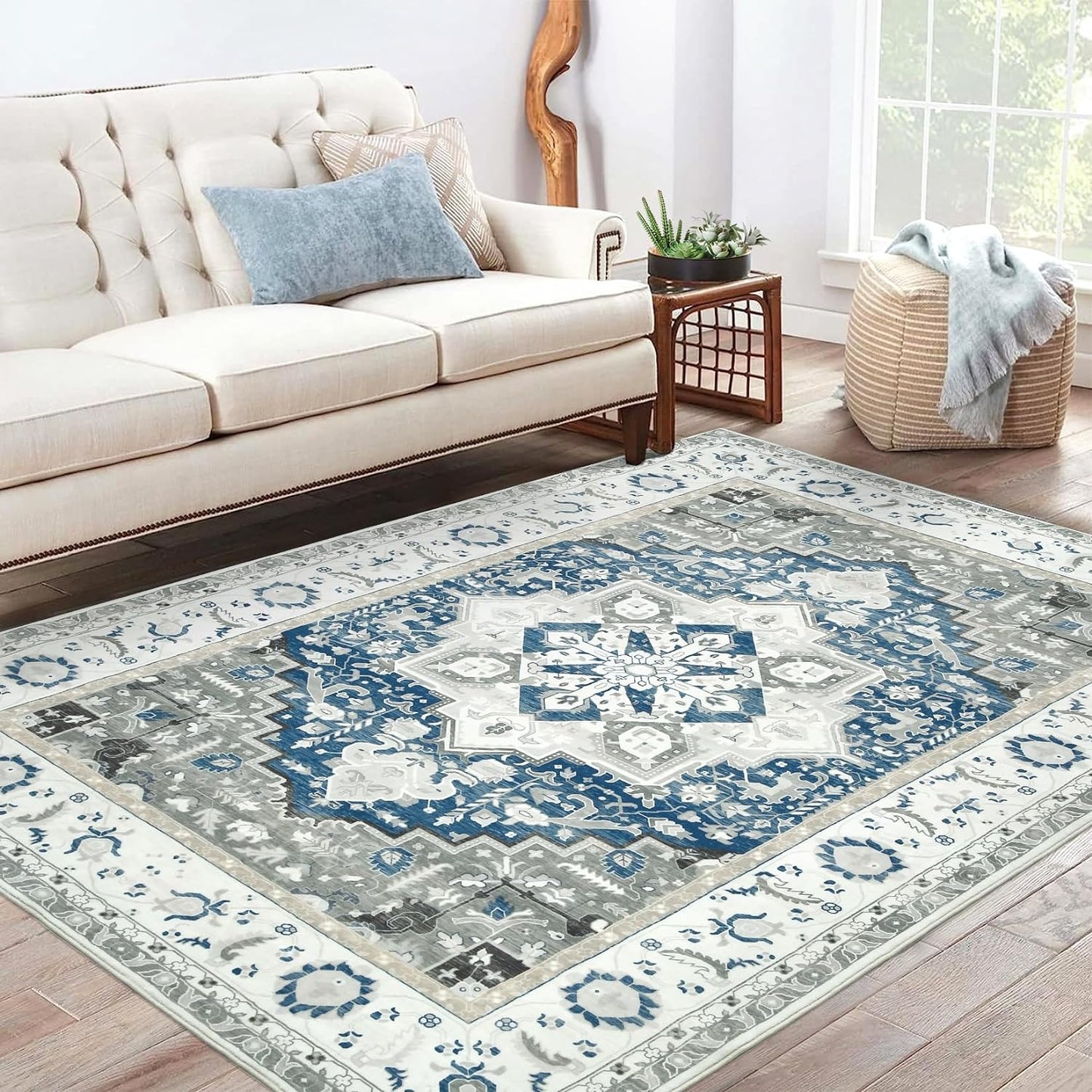 5X7 Living Room Rug Machine Washable Area Rug Throw Oriental Indoor Carpet Persian Retro Area Rug Vintage Rug for Bedroom Kitchen Nursery Home Office, 5' X 7' Blue