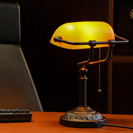 Fallon Vintage Bankers Lamp with Pull Chain Switch Traditional Amber Glass Shade Table Lamp