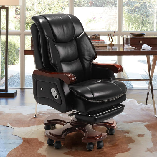 Jones Massage Office Chair,Big and Tall Office Chair 400Lbs, Fully Reclining Genuine Leather Managerial Executive Home Office Desk Chairs Adjustable Back and Footrest (Massage Chair-Black)