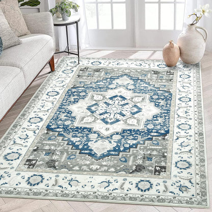 5X7 Living Room Rug Machine Washable Area Rug Throw Oriental Indoor Carpet Persian Retro Area Rug Vintage Rug for Bedroom Kitchen Nursery Home Office, 5' X 7' Blue