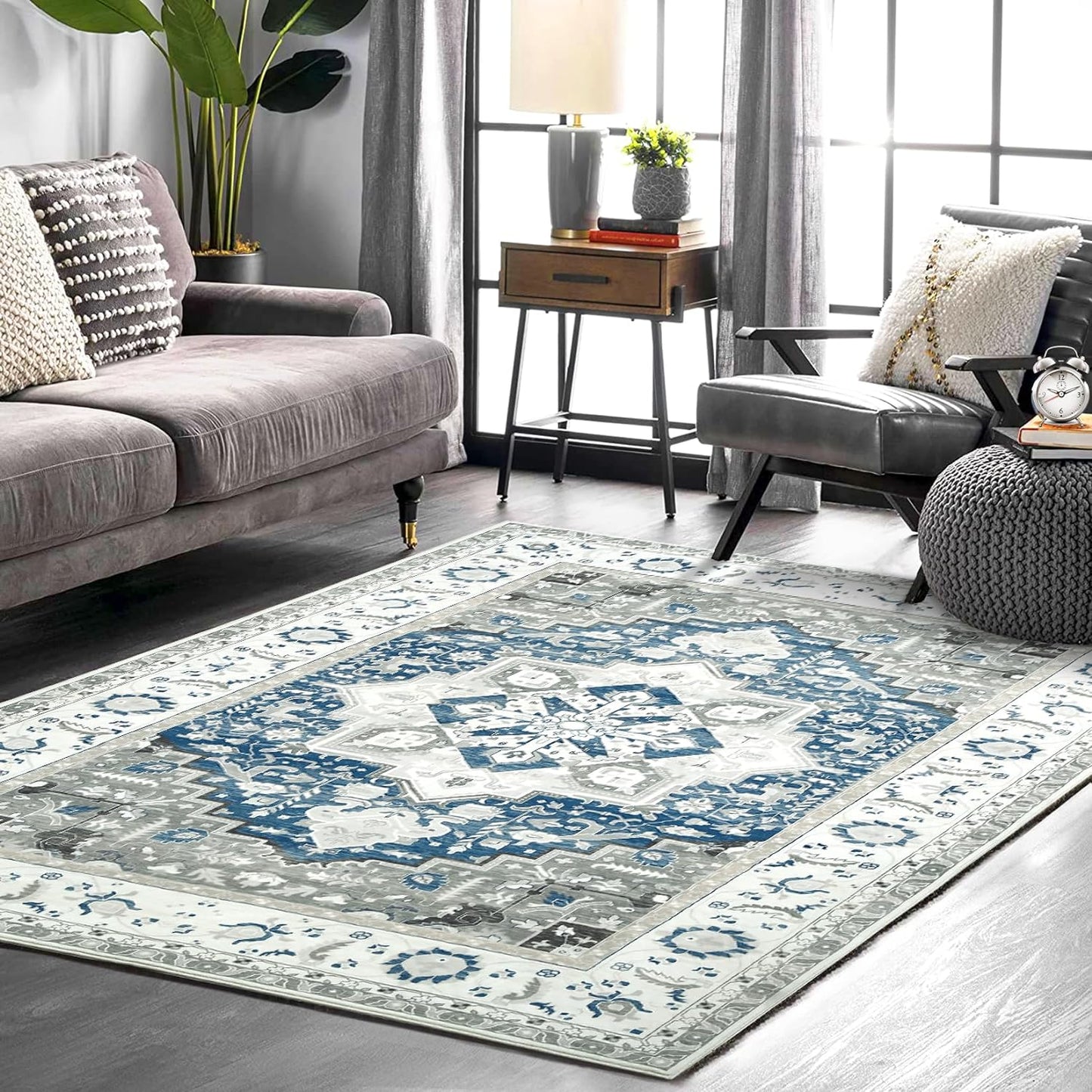 5X7 Living Room Rug Machine Washable Area Rug Throw Oriental Indoor Carpet Persian Retro Area Rug Vintage Rug for Bedroom Kitchen Nursery Home Office, 5' X 7' Blue