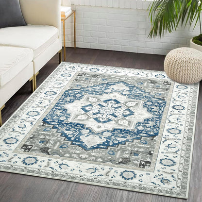 5X7 Living Room Rug Machine Washable Area Rug Throw Oriental Indoor Carpet Persian Retro Area Rug Vintage Rug for Bedroom Kitchen Nursery Home Office, 5' X 7' Blue