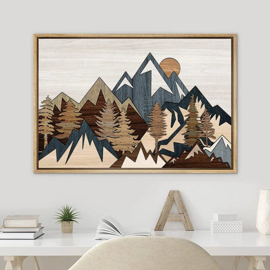 Framed Canvas Print Wall Art Wood Panel Effect Mountain Range Forest Nature Wilderness Digital Art Modern Art Zen Countryside/Farm for Living Room, Bedroom, Officefcv-As21-2206