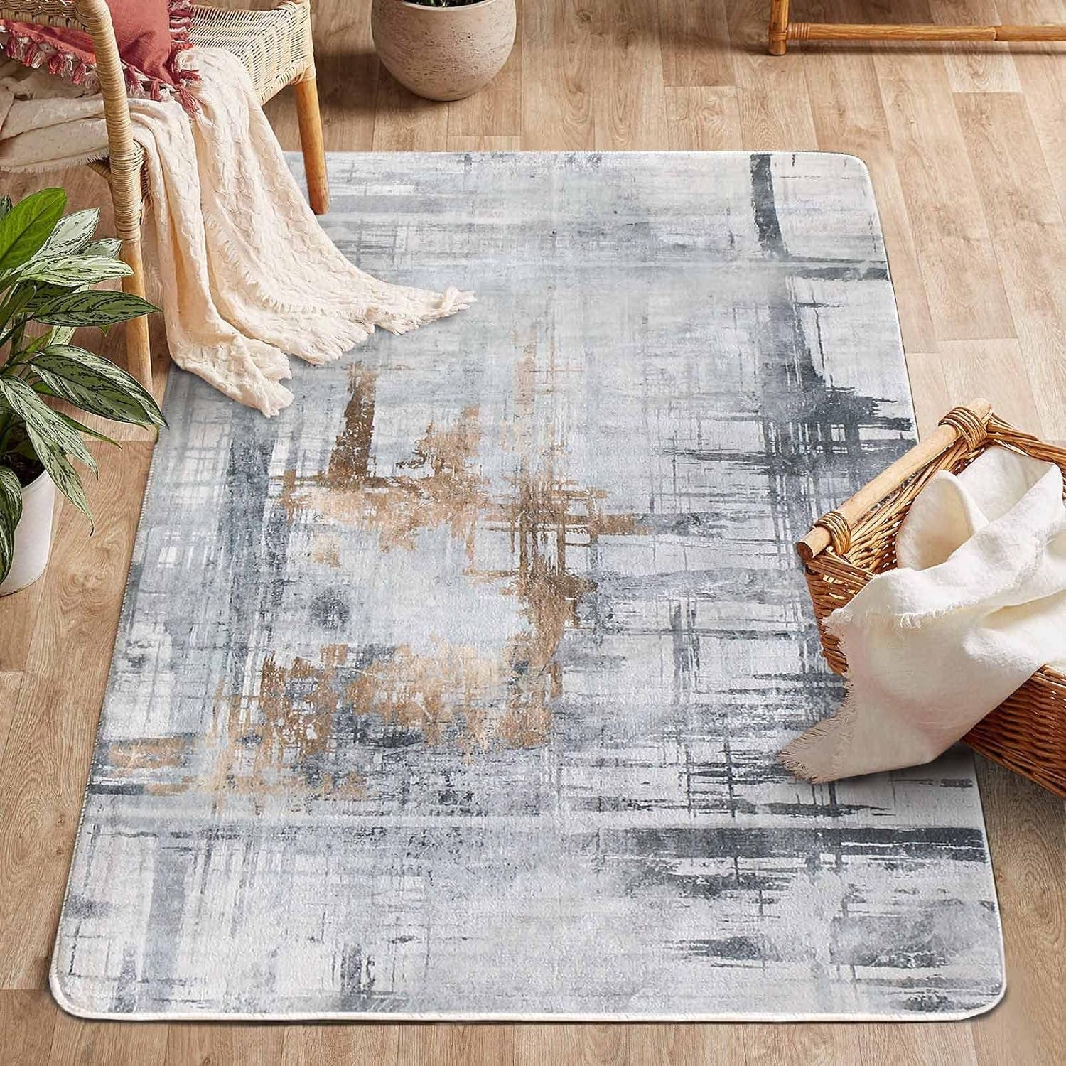 Rugs Mordern Soft Abstract Distressed Area Rugs for Living Room/Bedroom/Dining Room,Medium Pile Carpet Floor Mat (2.6 X 3.9 Ft, Gray/Green/Grey)